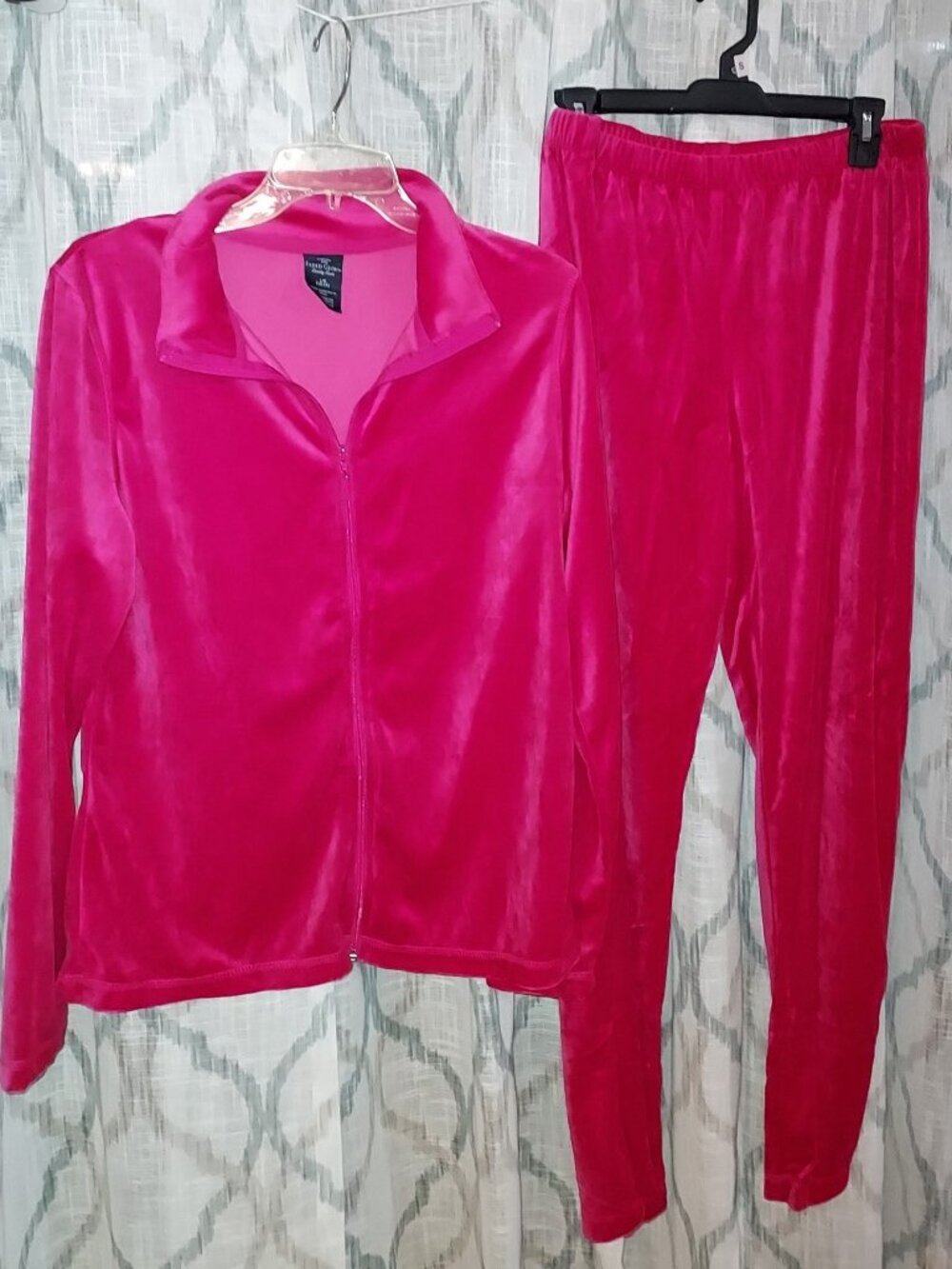 FADED GLORY VELOUR TRACK SUIT Hot Pink Shiny Soft Zip w/Collar LADIES L 12/14
